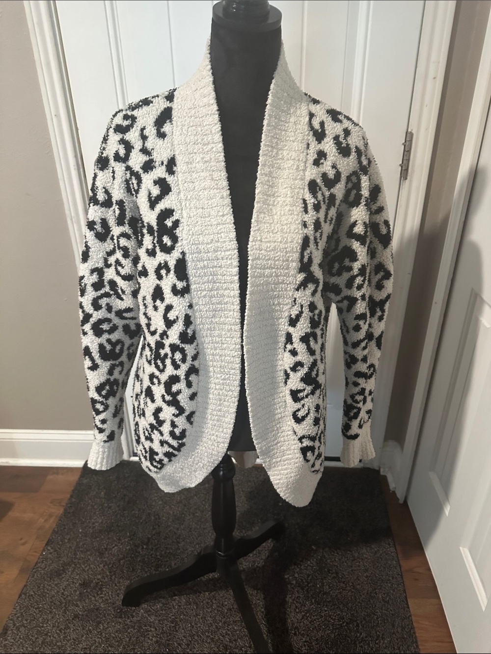 Cozy Black & White Leopard Open-Front Women's Sweater Cardigan